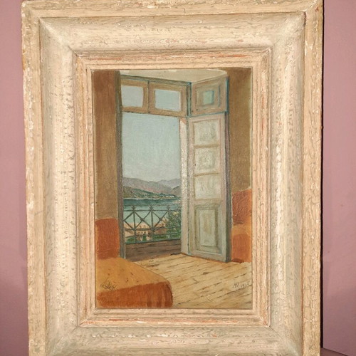 Hand-painted artwork 'View from the Window' with wooden frame