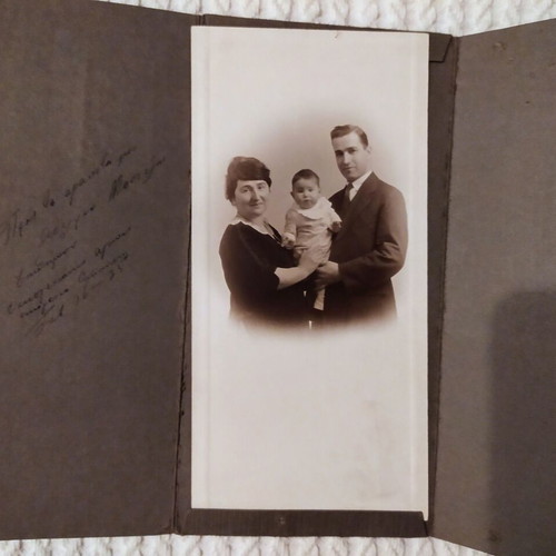 Old triptych photo of couple with child used
