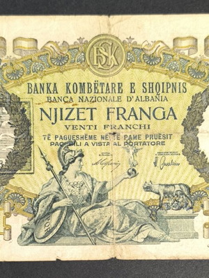 Albania 20 Franga 1939 banknote used