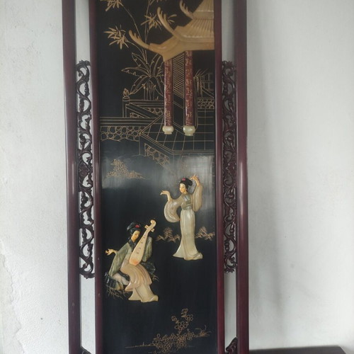 Wall decor panels used with Chinese motifs, wood, mother-of-pearl and jade