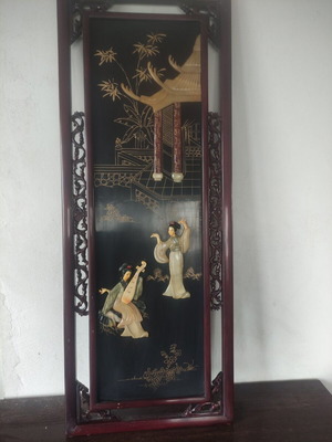 Wall decor panels used with Chinese motifs, wood, mother-of-pearl and jade