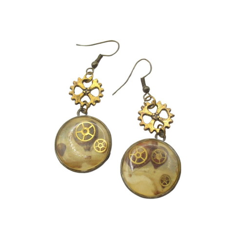 Vintage steampunk style earrings with brass gears like new