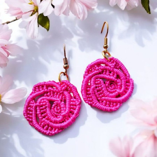 Handmade Boho Rose Micro Macrame Earrings made to order pink gold