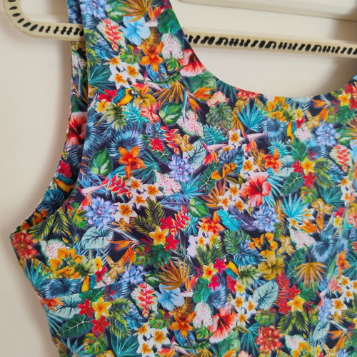 Chaton midi dress with tropical print and open back, Large