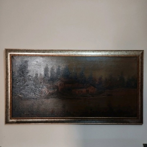 Oil painting frame 1970 like new, house by the lake