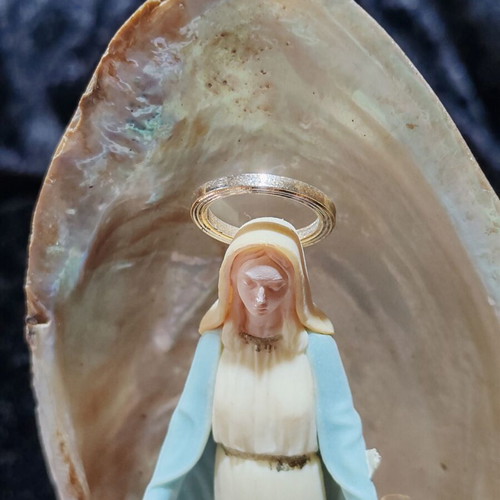 Handmade Virgin Mary statue with natural seashells