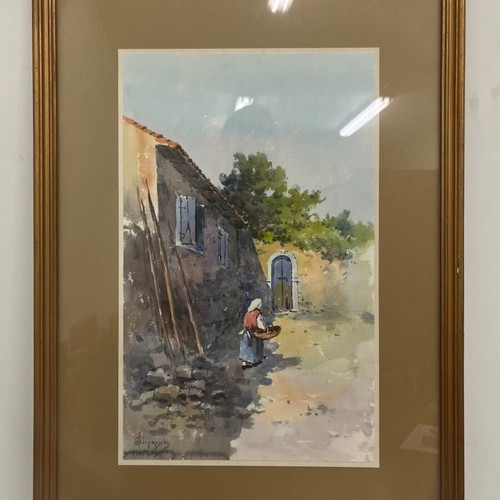 Watercolour by Th. Kentarchos, Grandma in the Village
