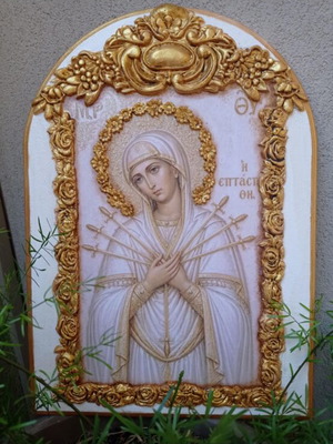 Handmade decoupage icon of Panagia Eptaspatis 35x25 cm MDF