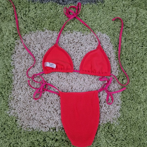 Asos crinkle neon orange and pink swimsuit bikini one size like new