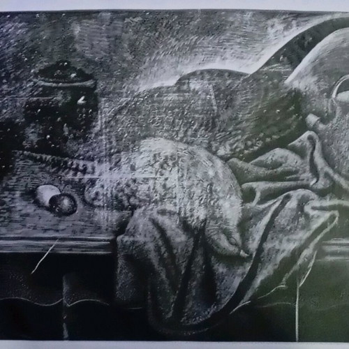 Woodcut D. Galanis used, hunting theme, signed artwork
