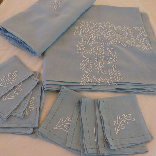 Vintage embroidered cotton tablecloths set with napkins used