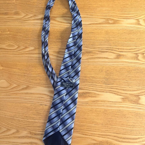 Sheng Kai silk tie, blue and grey striped, hand made