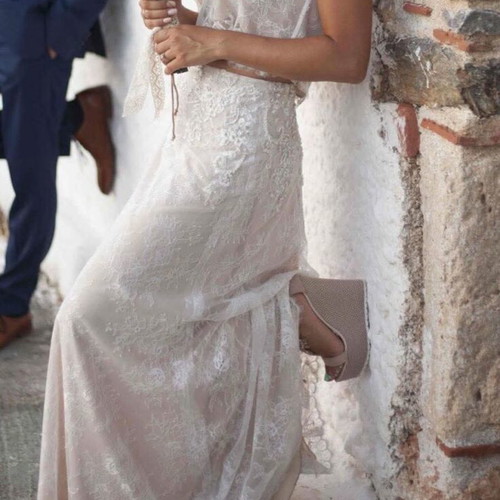 Boho wedding dress Demetrios 2017, beige and white lace