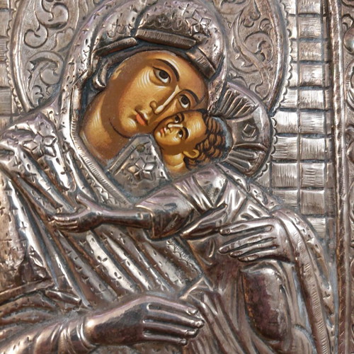 Silver icon of the Sweet-Kissing Virgin 950°, with wooden frame, like new