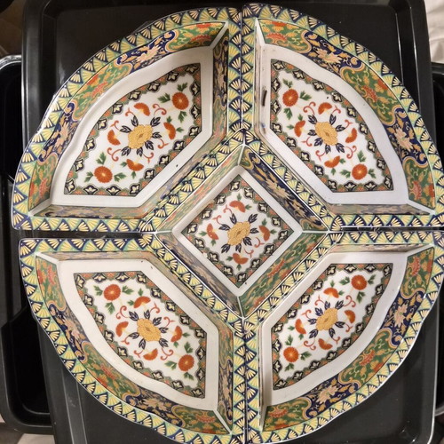 Vintage Imari-style porcelain serving tray used, 5 sections