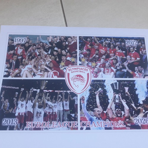 Olympiacos basketball poster new, Euroleague champions 4 trophies