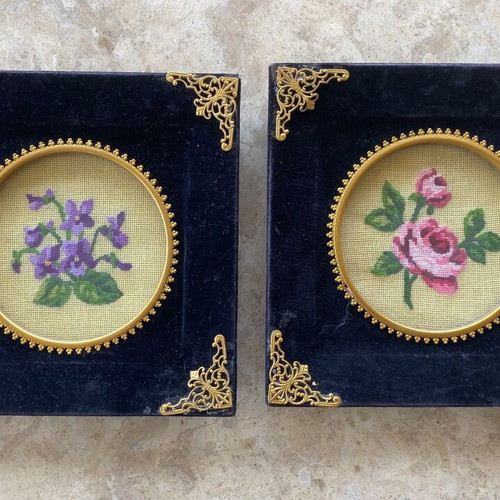 Vintage handmade embroidered wall frames set used