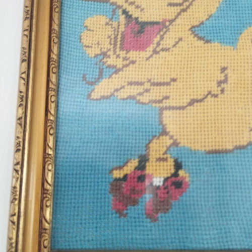 Premium vintage handmade Tweety embroidery in golden wooden frame, like new