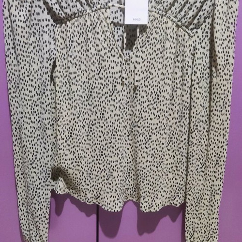 Mango Pomelo Tie Neck Spot Print Blouse new, beige with black polka dots