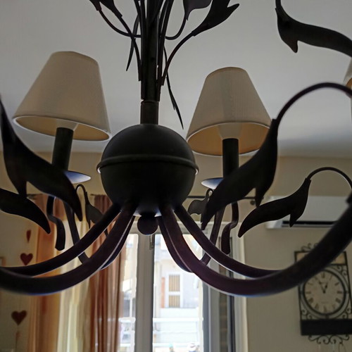 Chandelier with six ivory lampshades, rustic metal and crystal leaves, like new