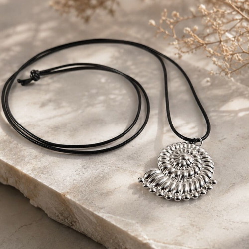 Long necklace with black cord and steel snail pendant, new