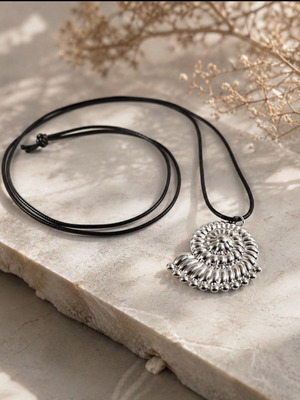 Long necklace with black cord and steel snail pendant, new