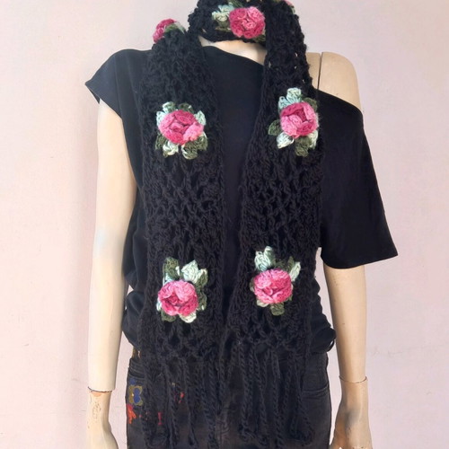 Handmade black scarf with embossed roses new