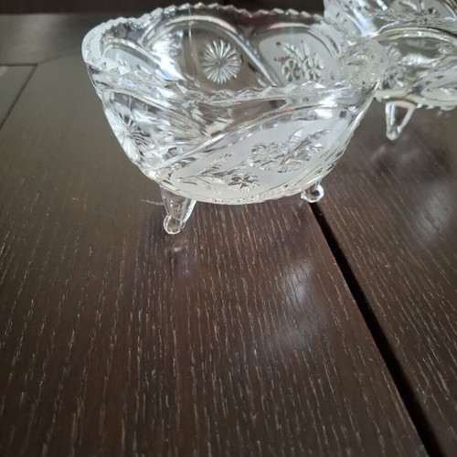 Vintage glass bowls set of 2 with feet and embossed designs 12cm like new