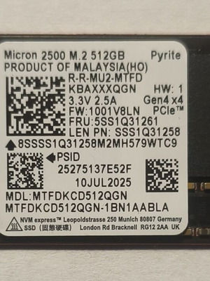 Micron 2500 512GB M.2 NVMe SSD, 2242