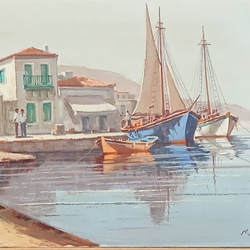 Oil painting by N. Krideras used, seascape with boats, framed 90x70 cm