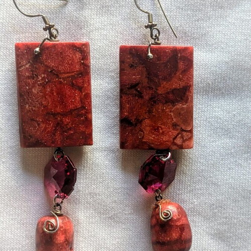 Vintage handmade boho earrings with natural Apple Coral and brass