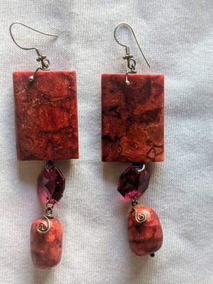 Vintage handmade boho earrings with natural Apple Coral and brass