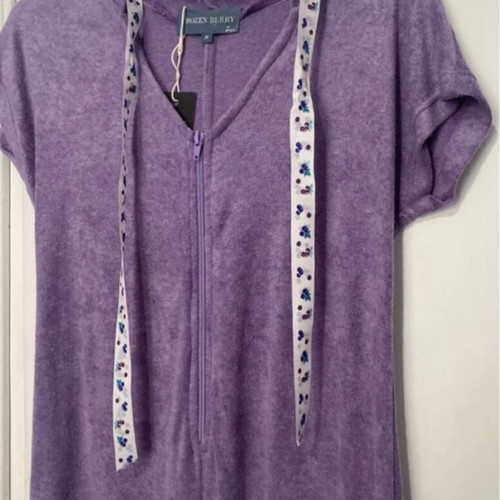 One-piece terry jumpsuit with zipper and hood, refurbished, purple