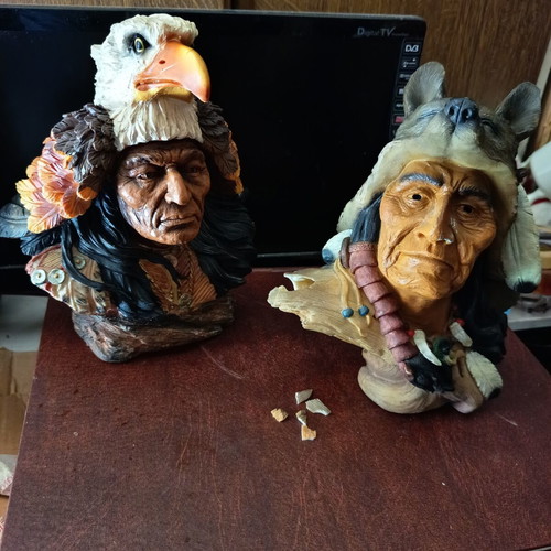 Indian Chief Busts set of 2 like new with detailed carvings