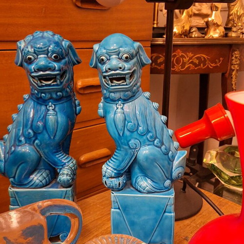 Antique Chinese Turquoise Blue Porcelain Foo Dogs 31 cm, Set of 2