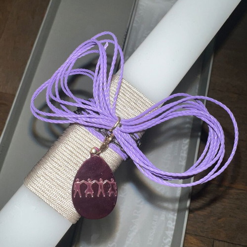 Kessaris Easter Resurrection Candle white with purple like new, steel necklace
