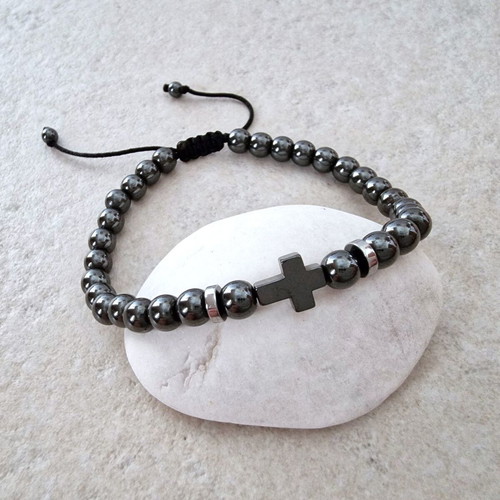 Men's bracelet with cross and black hematite stones, new