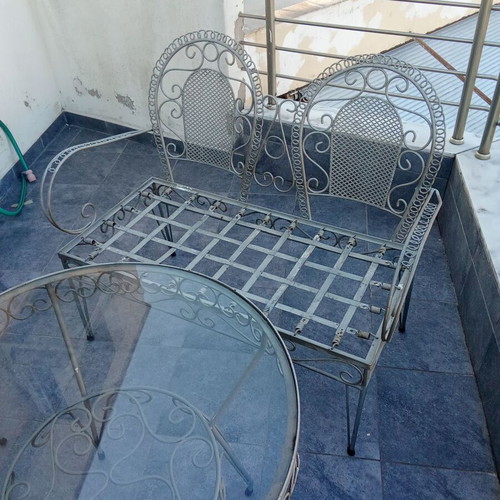 Fer Forge garden sofa set like new with chairs, tables, and two-seater couch
