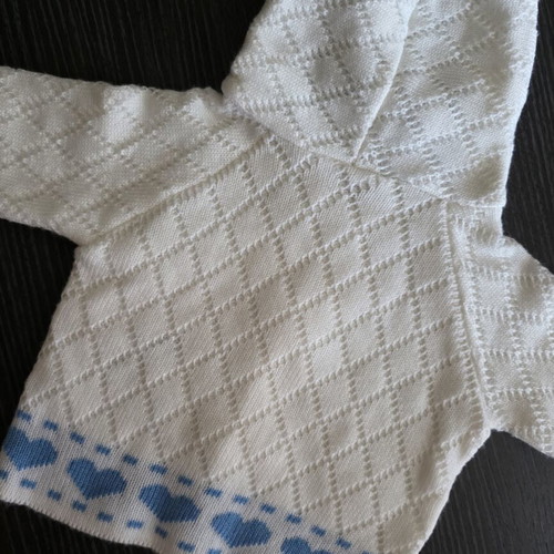 Baby knitted jacket with hood used, unisex, white and blue, 6-12 months