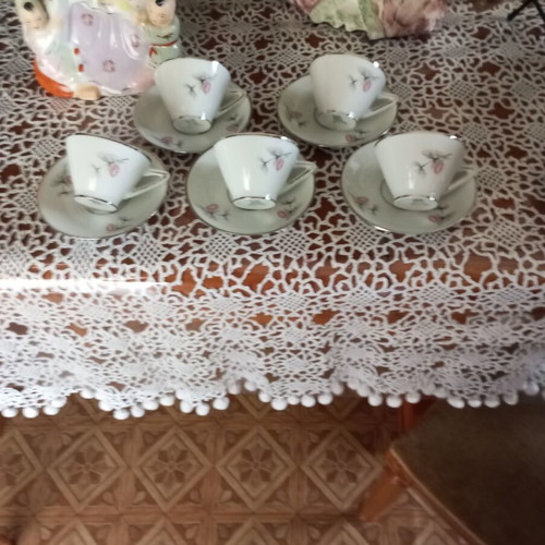 Porcelain tea set used, old design with silver trim, 5 pieces