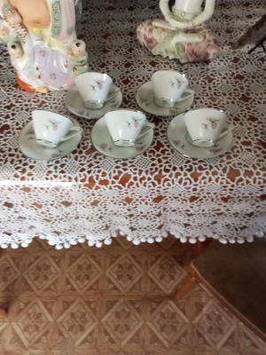 Porcelain tea set used, old design with silver trim, 5 pieces