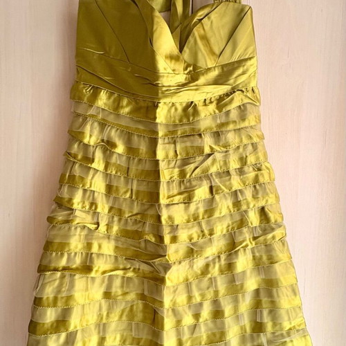 Lime satin dress like new, size S, halter neck with ruffles