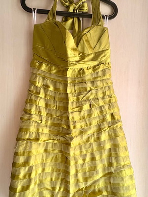 Lime satin dress like new, size S, halter neck with ruffles