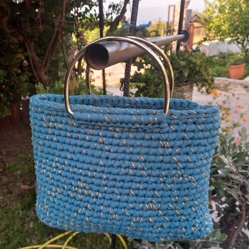 Handmade tulle bag in turquoise with gold handles
