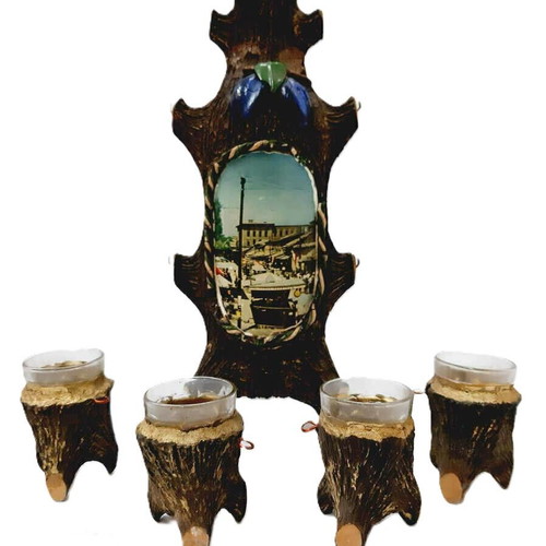 Vintage Rakia Serving Set from Yugoslavia used, glass and wood