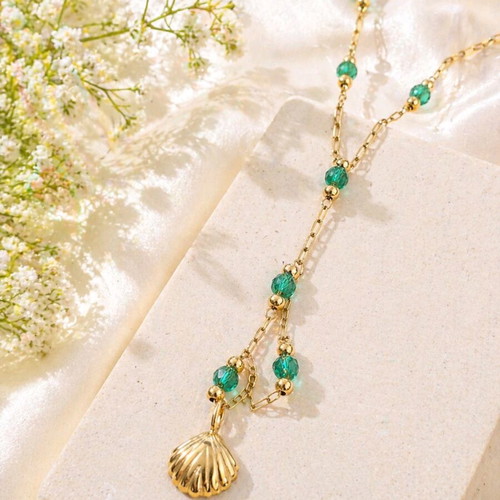 Women's shell necklace with green beads new, gold plated