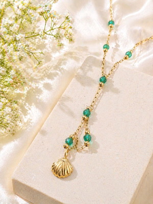 Women's shell necklace with green beads new, gold plated