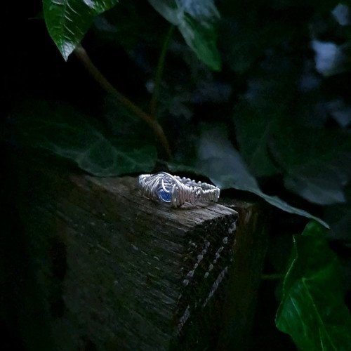 Wire-wrapped ring new, silver with blue crystal bead