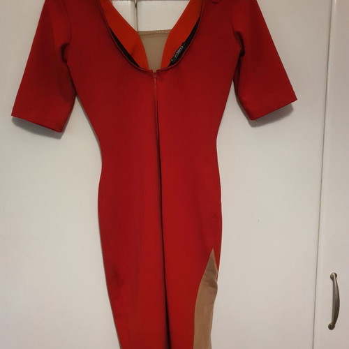 Coocu fitted red dress with sleeves and sheer details like new
