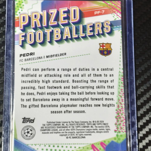 2023/24 Topps Finest UEFA Champions League Pedri Prized Footballers Blue Refractor card